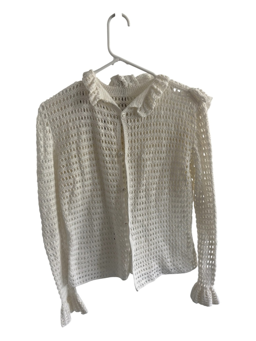 Women's Cream Crochet Button-Front Shirt with Ruffle Collar